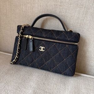 CHANEL Long Classic Vanity Dark Denim Quilted Zip with Chain Crossbody Bag